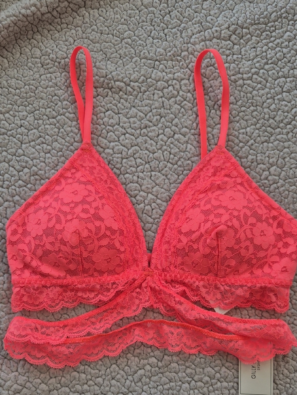 Hollister Gilly Hicks Neon Coral Lace Strappy Wrap Triangle Padded Bralette Sz S